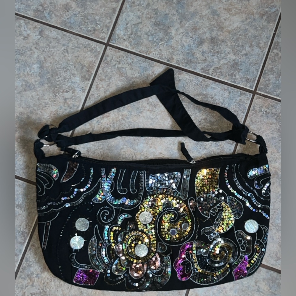 vintage bohemian style bag ,Black sequin and rhinestone embellished - Picture 3 of 11